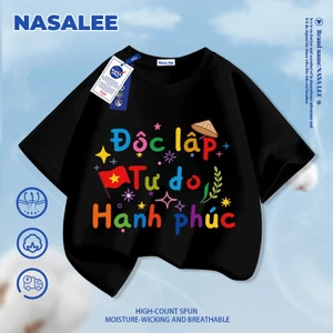 Áo thun Cotton nguyên chất màu đen thoáng khí cho trẻ em Họa tiết hạnh phúc không khí 3-16 tuổi Áo sơ mi ngắn tay dáng rộng thông thường