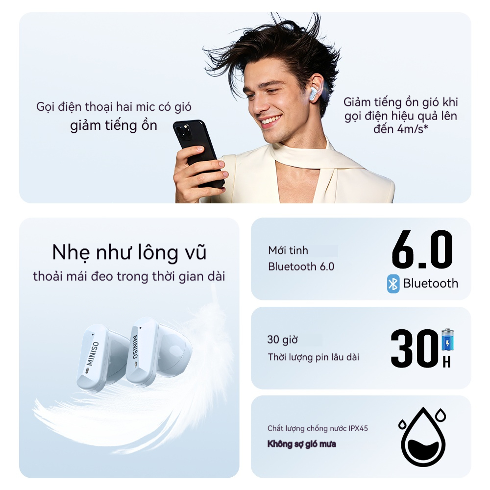 MINISO MS119 Tai Nghe Phiên Dịch AI  Tai nghe Bluetooth 6.0  Hỗ trợ dịch thuật 134 ngôn ngữ Tai nghe thể thao Khử tiếng ồn Âm thanh nổi Hi-Fi Âm thanh ASMR Chống nước IPX5 Độ trễ thấp