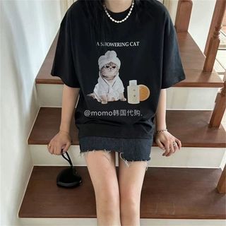 Áo thun nữ cổ tròn tay ngắn họa tiết hoạt hình - Mới 2026