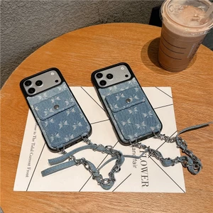 IPhone 17 Pro Max Vải Denim với hoa văn kim cương và bướm lấp lánh Vỏ thẻ PU đeo chéo