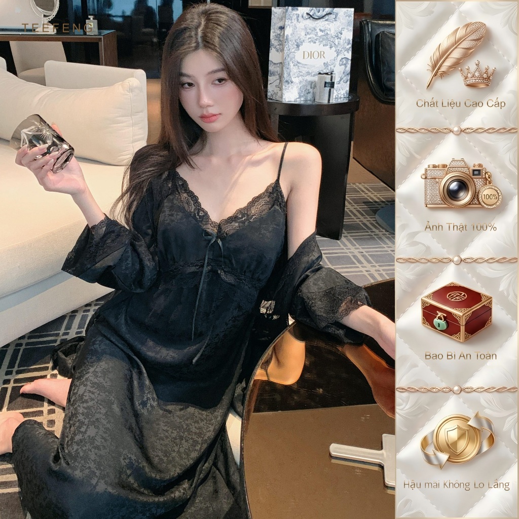 TEEFENG Váy Ngủ Nữ Lụa Cao Cấp Ren Viền Phong Cách Sang Trọng Hai Dây Mùa Hè Mỏng Mặc Nhà