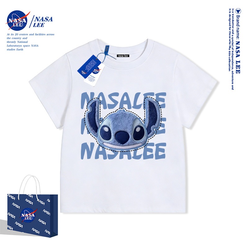 Áo thun NASA x Stitch (Lilo & Stitch) trắng cổ tròn tay ngắn Cotton 100% – Unisex trẻ em bé trai bé gái Hè 2026