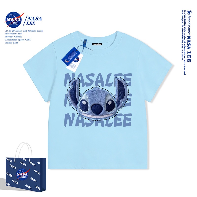 Áo thun NASA x Stitch (Lilo & Stitch) trắng cổ tròn tay ngắn Cotton 100% – Unisex trẻ em bé trai bé gái Hè 2026