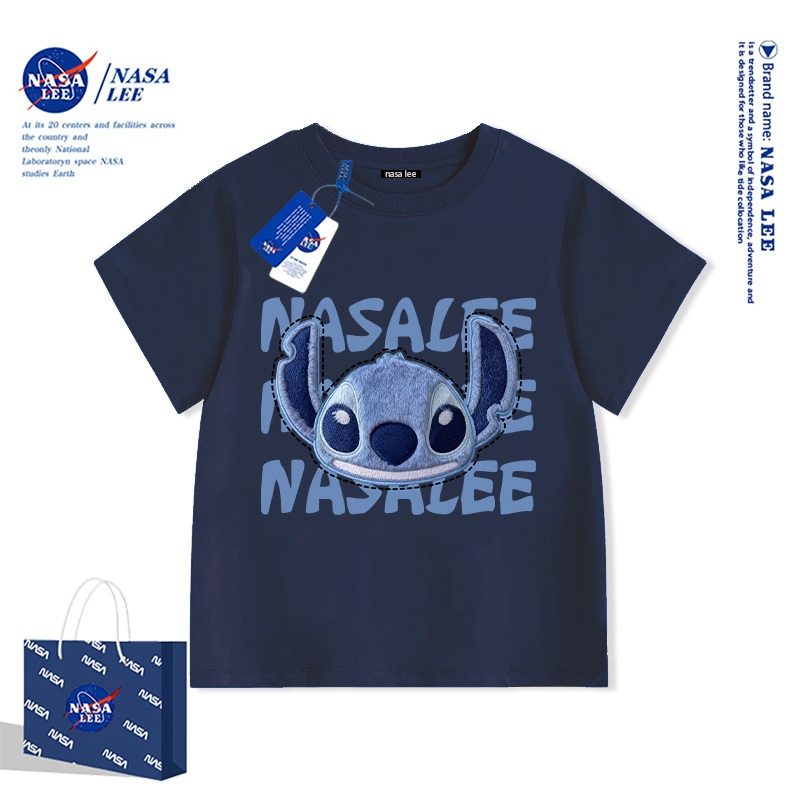 Áo thun NASA x Stitch (Lilo & Stitch) trắng cổ tròn tay ngắn Cotton 100% – Unisex trẻ em bé trai bé gái Hè 2026