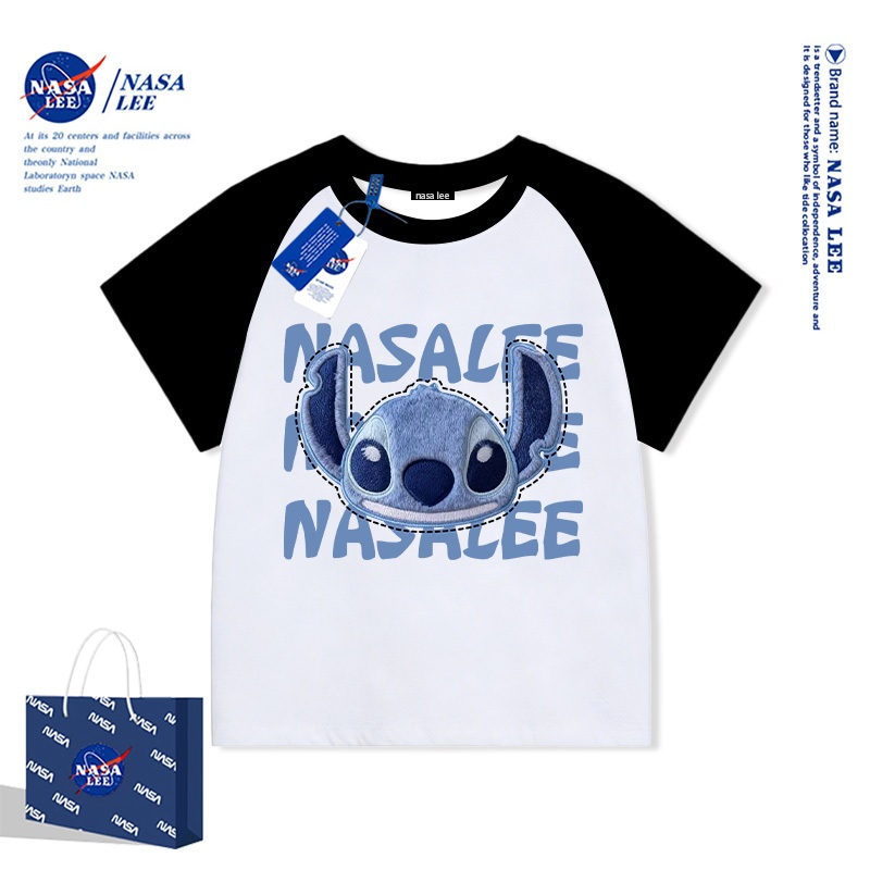 Áo thun NASA x Stitch (Lilo & Stitch) trắng cổ tròn tay ngắn Cotton 100% – Unisex trẻ em bé trai bé gái Hè 2026