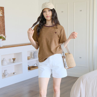 Áo thun nữ sọc ngắn tay có thêu trái tim, cổ tròn thường ngày