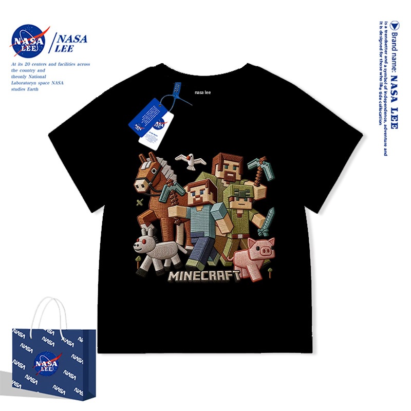 Áo thun NASA x Minecraft trẻ em unisex tay ngắn Cotton 100% – Họa tiết in full full nền (3D) kiểu thêu giả Hè 2026