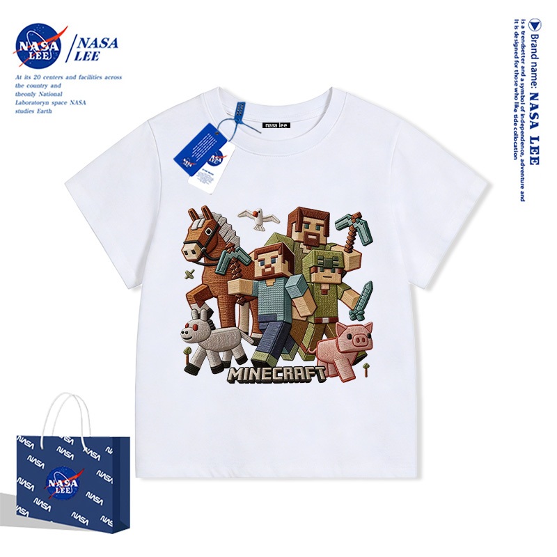 Áo thun NASA x Minecraft trẻ em unisex tay ngắn Cotton 100% – Họa tiết in full full nền (3D) kiểu thêu giả Hè 2026
