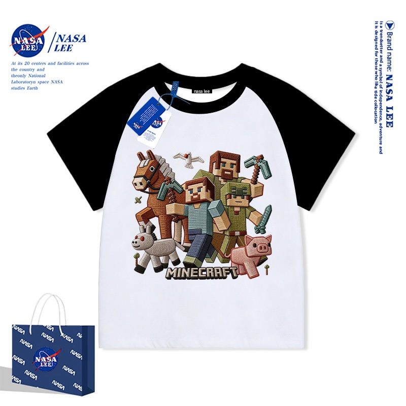 Áo thun NASA x Minecraft trẻ em unisex tay ngắn Cotton 100% – Họa tiết in full full nền (3D) kiểu thêu giả Hè 2026