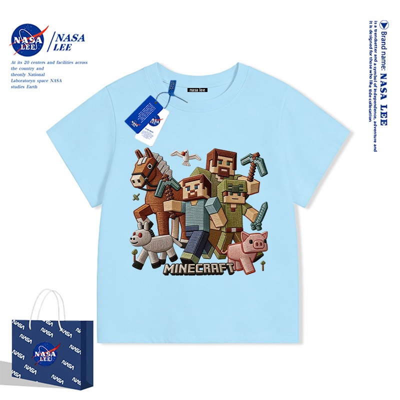 Áo thun NASA x Minecraft trẻ em unisex tay ngắn Cotton 100% – Họa tiết in full full nền (3D) kiểu thêu giả Hè 2026