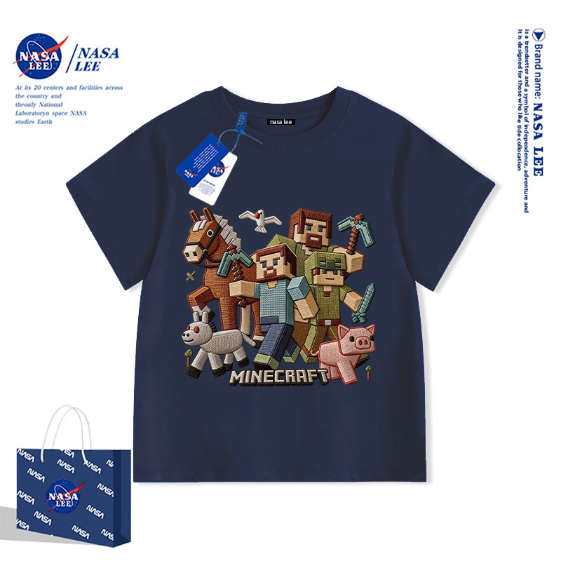 Áo thun NASA x Minecraft trẻ em unisex tay ngắn Cotton 100% – Họa tiết in full full nền (3D) kiểu thêu giả Hè 2026