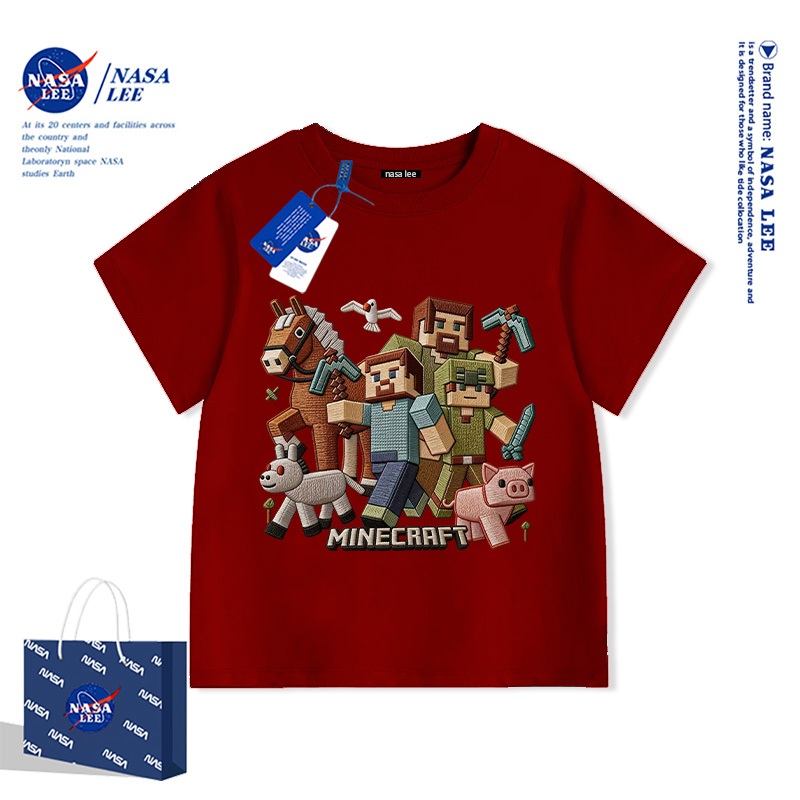 Áo thun NASA x Minecraft trẻ em unisex tay ngắn Cotton 100% – Họa tiết in full full nền (3D) kiểu thêu giả Hè 2026