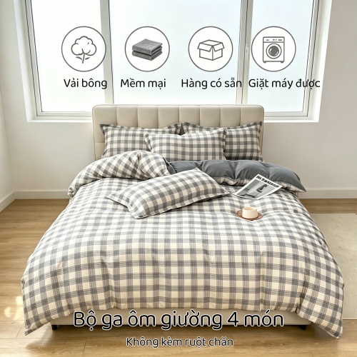 Bộ ga bọc nệm 4 món cotton giặt siêu mềm bền đẹp không co ngót phù hợp khách sạn nhà nghỉ