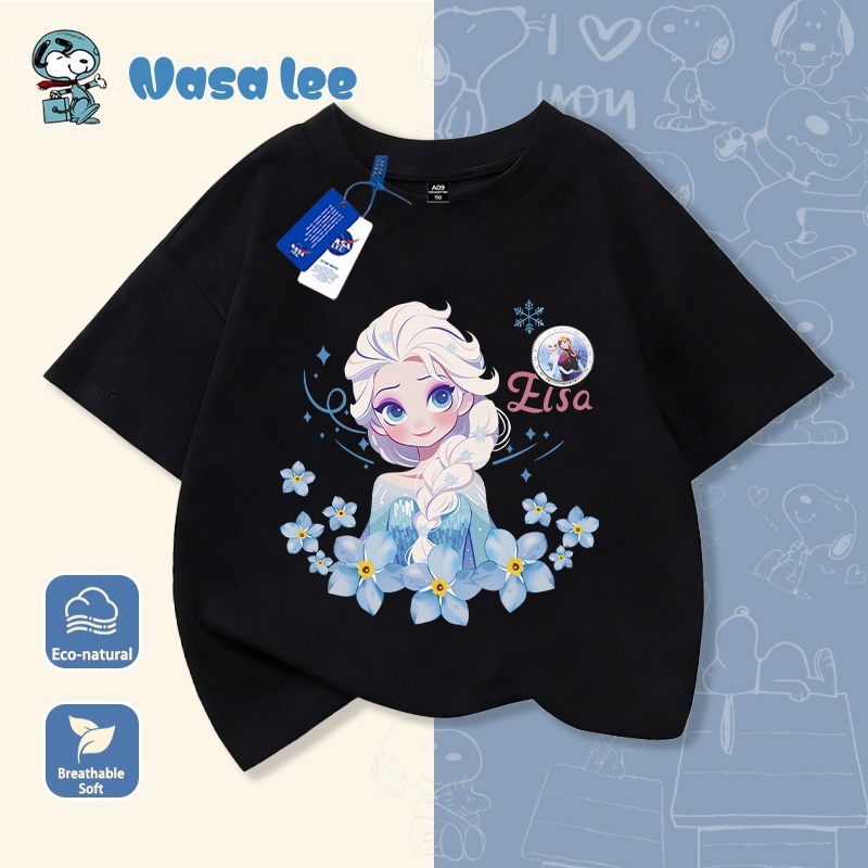 Áo Thun Ngắn Tay NASA x Elsa Cho Bé Gái Cổ Tròn Form Rộng Cotton 100%