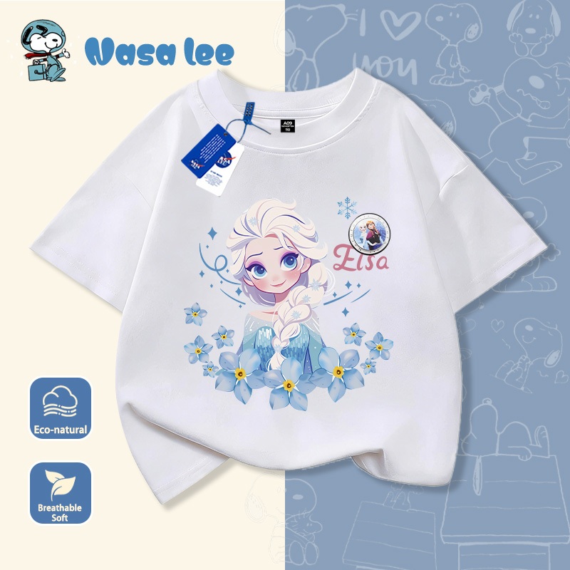Áo Thun Ngắn Tay NASA x Elsa Cho Bé Gái Cổ Tròn Form Rộng Cotton 100%