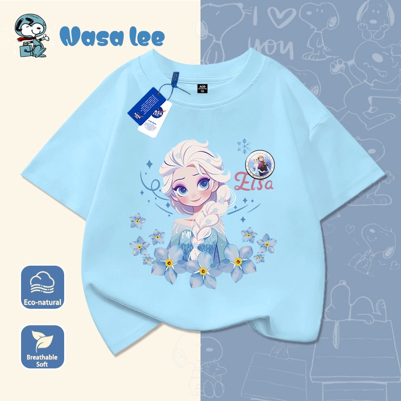 Áo Thun Ngắn Tay NASA x Elsa Cho Bé Gái Cổ Tròn Form Rộng Cotton 100%