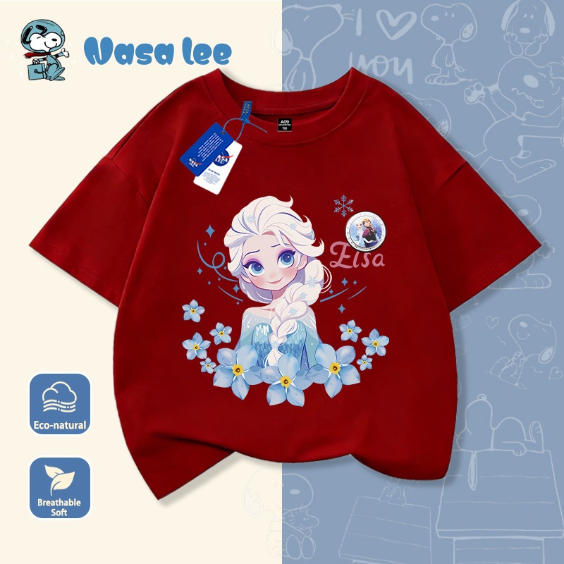 Áo Thun Ngắn Tay NASA x Elsa Cho Bé Gái Cổ Tròn Form Rộng Cotton 100%