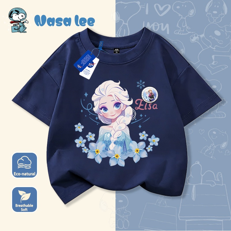 Áo Thun Ngắn Tay NASA x Elsa Cho Bé Gái Cổ Tròn Form Rộng Cotton 100%