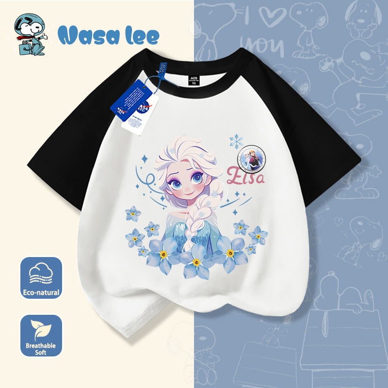 Áo Thun Ngắn Tay NASA x Elsa Cho Bé Gái Cổ Tròn Form Rộng Cotton 100%