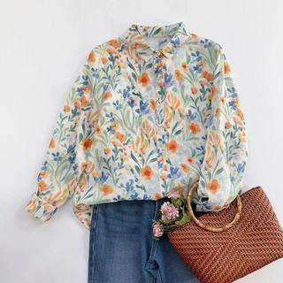 Áo sơ mi dài tay in hoa rộng rãi phong cách Hàn Quốc dành cho nữ