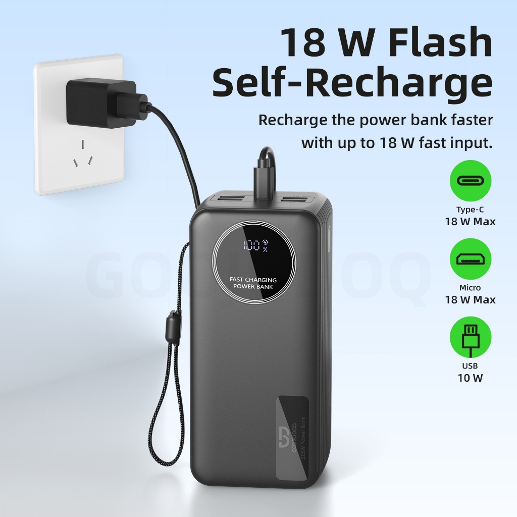 Pin dự phòng GOOJODOQ 50000mAh, 9 cổng, sạc nhanh PD 20W/22.5W, cáp tích hợp, màn hình hiển thị kỹ thuật số, có đèn pin. Thích hợp cho máy tính xách tay, điện thoại di động, cắm trại ngoài trời.