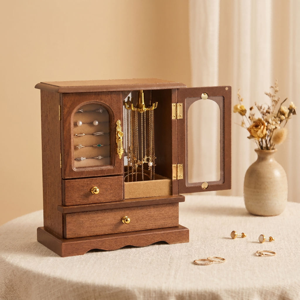 Quả óc chó Gỗ Hộp Trang Sức 2Drawer Tổ Chức Cho Bông Tai Khe Cắm Vòng Cổ Móc Cho Nhẫn Bông Tai Trang Sức Bảo Quản Hộp Quà Tặng