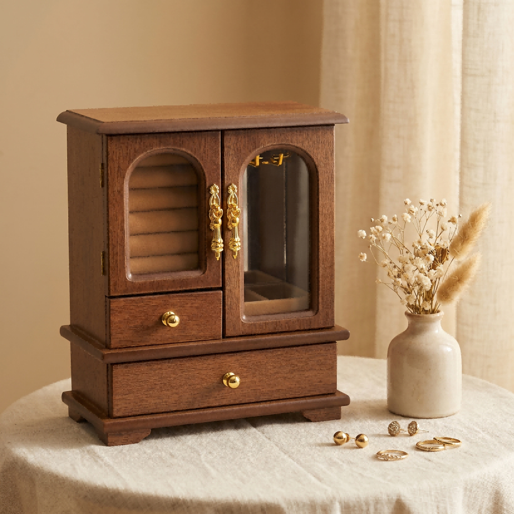 Quả óc chó Gỗ Hộp Trang Sức 2Drawer Tổ Chức Cho Bông Tai Khe Cắm Vòng Cổ Móc Cho Nhẫn Bông Tai Trang Sức Bảo Quản Hộp Quà Tặng