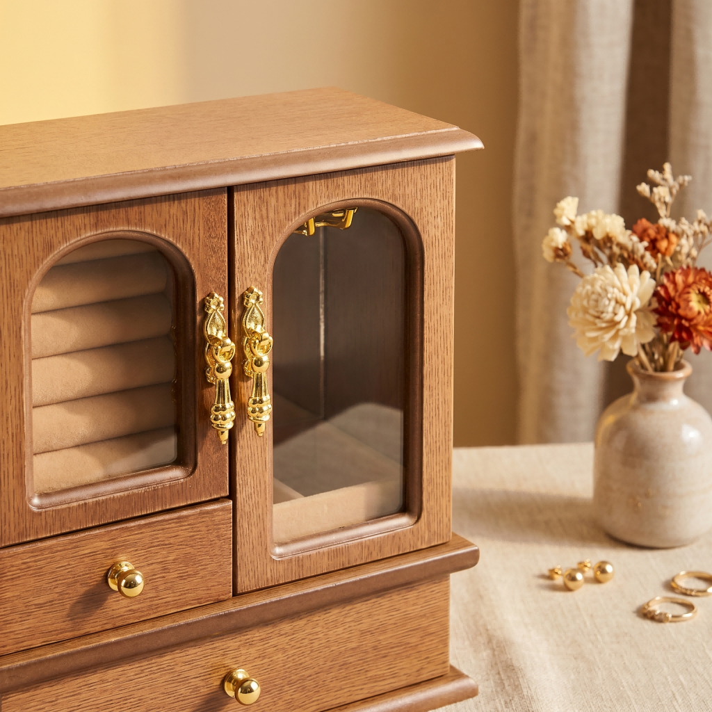 Quả óc chó Gỗ Hộp Trang Sức 2Drawer Tổ Chức Cho Bông Tai Khe Cắm Vòng Cổ Móc Cho Nhẫn Bông Tai Trang Sức Bảo Quản Hộp Quà Tặng