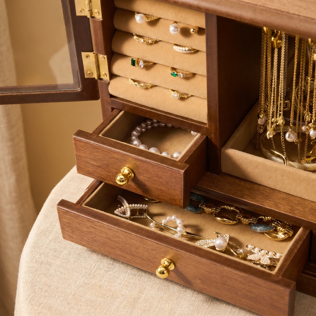 Quả óc chó Gỗ Hộp Trang Sức 2Drawer Tổ Chức Cho Bông Tai Khe Cắm Vòng Cổ Móc Cho Nhẫn Bông Tai Trang Sức Bảo Quản Hộp Quà Tặng