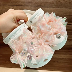 Giày Sandal Bé Gái DIY Quyến Rũ Bộ Cổ Tích Hồng Ren Nơ Nút Trang Trí Phụ Kiện