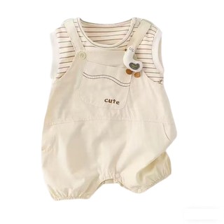 0-24M Bé Trai Mùa Hè Áo Liền Quần Màu Be Sọc Giả Hai Mảnh Cotton Mềm Mại Sơ Sinh Body Có Vịt Trang Trí