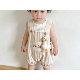 0-24M Bé Trai Mùa Hè Áo Liền Quần Màu Be Sọc Giả Hai Mảnh Cotton Mềm Mại Sơ Sinh Body Có Vịt Trang Trí