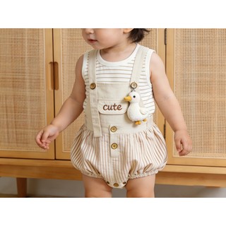 0-24M Bé Trai Mùa Hè Áo Liền Quần Màu Be Sọc Giả Hai Mảnh Cotton Mềm Mại Sơ Sinh Body Có Vịt Trang Trí