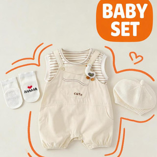 0-24M Bé Trai Mùa Hè Áo Liền Quần Màu Be Sọc Giả Hai Mảnh Cotton Mềm Mại Sơ Sinh Body Có Vịt Trang Trí