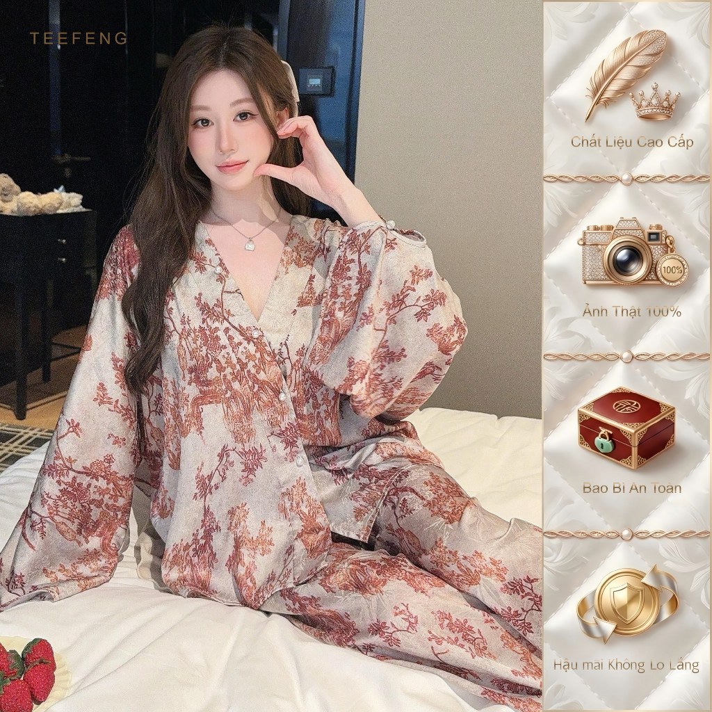 TEEFENG Đồ Ngủ Nữ Lụa Cao Cấp Dệt Hoa Phong Cách Sang Trọng Tay Dài Mùa Xuân Mặc Nhà