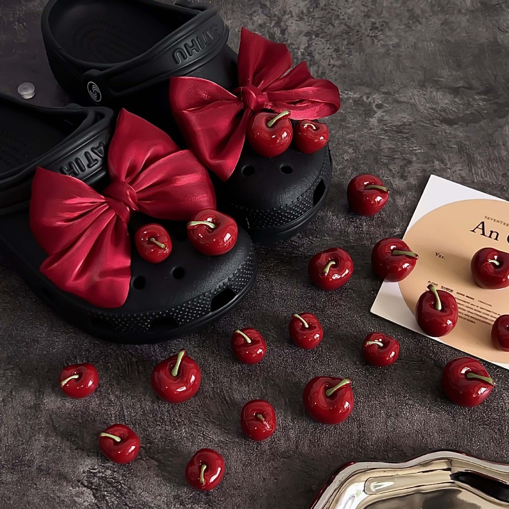 Phụ Nữ DIY Sandal Giày Quyến Rũ Bộ Phong Cách Công Chúa Nơ Đỏ Anh Đào 3D Nút Lỗ Giày Trang Trí Bộ Phụ Kiện