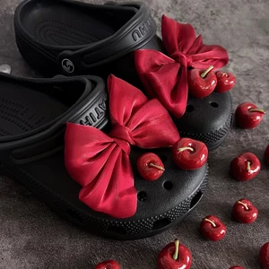 Phụ Nữ DIY Sandal Giày Quyến Rũ Bộ Phong Cách Công Chúa Nơ Đỏ Anh Đào 3D Nút Lỗ Giày Trang Trí Bộ Phụ Kiện
