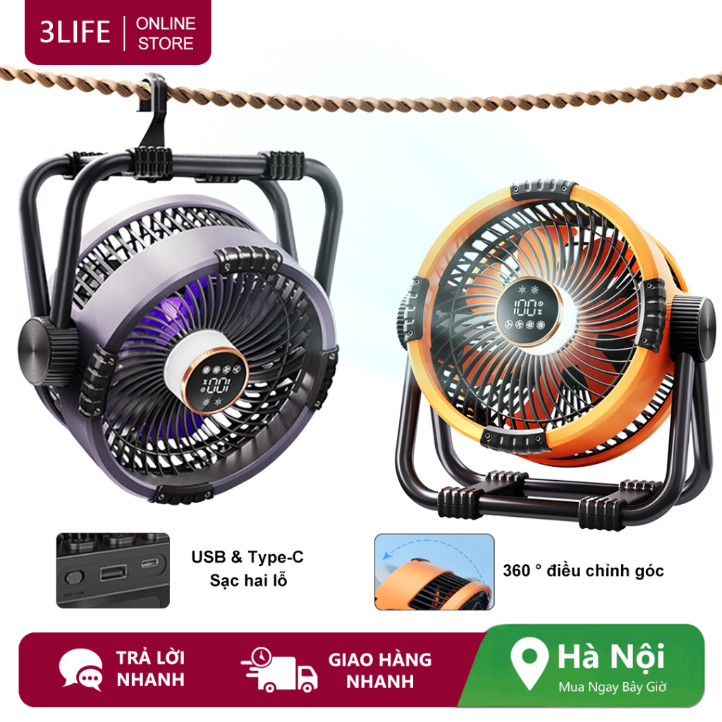 3Life 360° Quạt cắm trại có thể điều chỉnh góc Quạt sạc không dây 20000mAh Tuổi thọ pin dài Quạt ngoài trời
