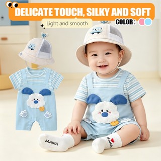 0-24M Bé Trai Mùa Hè Áo Liền Quần Sọc Xanh Giả Hai Mảnh Cotton Mềm Mại Sơ Sinh Body Với Trang Trí Chó Con
