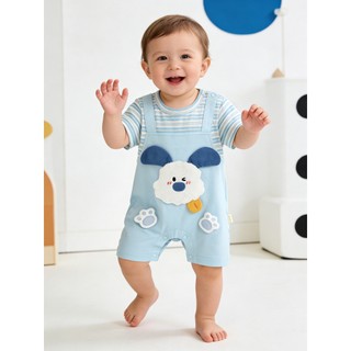 0-24M Bé Trai Mùa Hè Áo Liền Quần Sọc Xanh Giả Hai Mảnh Cotton Mềm Mại Sơ Sinh Body Với Trang Trí Chó Con