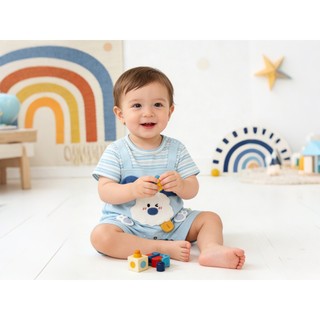 0-24M Bé Trai Mùa Hè Áo Liền Quần Sọc Xanh Giả Hai Mảnh Cotton Mềm Mại Sơ Sinh Body Với Trang Trí Chó Con
