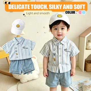 0-24M Bé Trai Mùa Hè Bộ Trang Phục Cotton Sọc Áo Sơ Mi Mềm Denim Quần Short In Hình Hoạt Hình Mặc Thường Ngày Có Nắp
