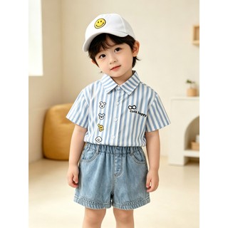 0-24M Bé Trai Mùa Hè Bộ Trang Phục Cotton Sọc Áo Sơ Mi Mềm Denim Quần Short In Hình Hoạt Hình Mặc Thường Ngày Có Nắp