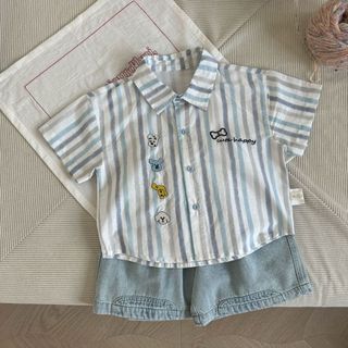 0-24M Bé Trai Mùa Hè Bộ Trang Phục Cotton Sọc Áo Sơ Mi Mềm Denim Quần Short In Hình Hoạt Hình Mặc Thường Ngày Có Nắp