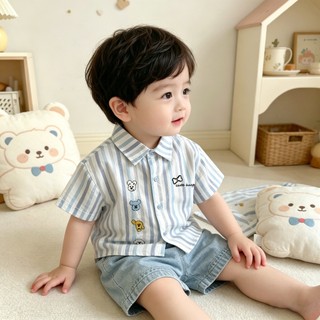 0-24M Bé Trai Mùa Hè Bộ Trang Phục Cotton Sọc Áo Sơ Mi Mềm Denim Quần Short In Hình Hoạt Hình Mặc Thường Ngày Có Nắp
