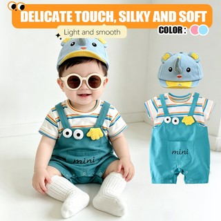 0-24M Bé Trai Áo Liền Quần Teal Giả Hai Mảnh Sọc Cotton Mềm Mại Sơ Sinh Body Có Mũ Voi