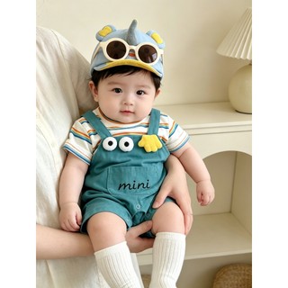 0-24M Bé Trai Áo Liền Quần Teal Giả Hai Mảnh Sọc Cotton Mềm Mại Sơ Sinh Body Có Mũ Voi