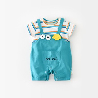 0-24M Bé Trai Áo Liền Quần Teal Giả Hai Mảnh Sọc Cotton Mềm Mại Sơ Sinh Body Có Mũ Voi