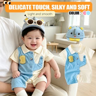 0-24M Bé Trai Mùa Hè Áo Liền Quần Màu Xanh Be Tương Phản Voi Cotton Mềm Mại Sơ Sinh Body Có Mũ Voi