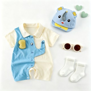 0-24M Bé Trai Mùa Hè Áo Liền Quần Màu Xanh Be Tương Phản Voi Cotton Mềm Mại Sơ Sinh Body Có Mũ Voi